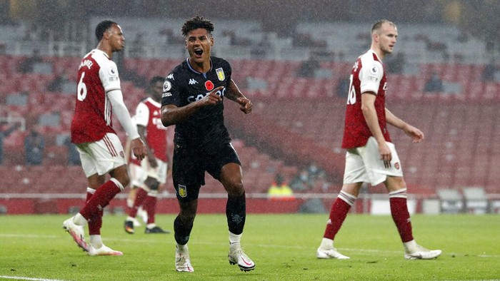 Aston Villas Ollie Watkins celebrates after scoring his sides second goal during the English Premier League soccer match between Arsenal and Aston Villa at the Emirates stadium in London, Sunday, Nov. 8, 2020. (AP Photo/Alastair Grant, Pool)