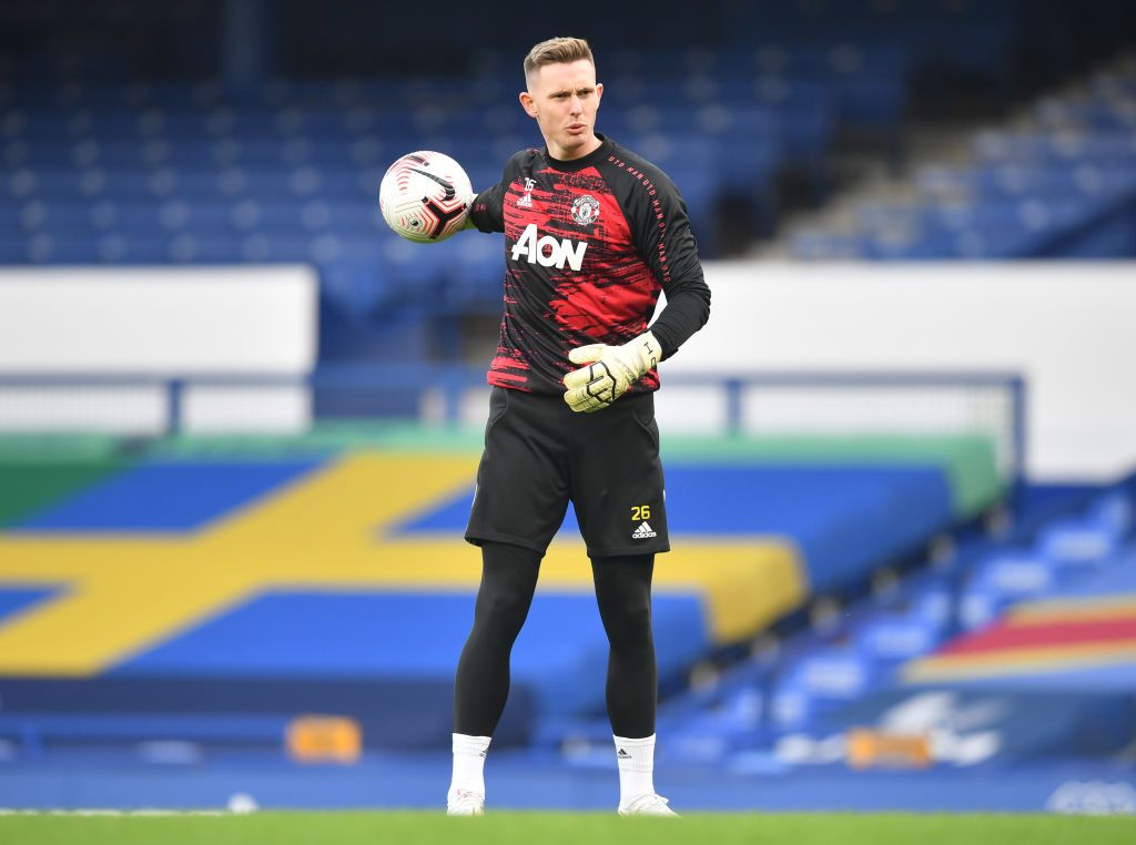 LIVERPOOL, ENGLAND - NOVEMBER 07: Dean Henderson of Manchester United warms up prior to the Premier League match between Everton and Manchester United at Goodison Park on November 07, 2020 in Liverpool, England. Sporting stadiums around the UK remain under strict restrictions due to the Coronavirus Pandemic as Government social distancing laws prohibit fans inside venues resulting in games being played behind closed doors. (Photo by Paul Ellis - Pool/Getty Images)