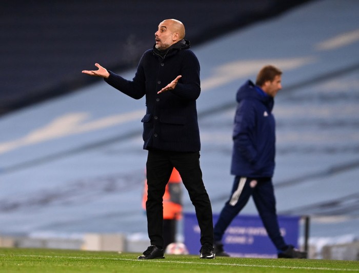 MANCHESTER, ENGLAND - NOVEMBER 03: Pep Guardiola, Manager of Manchester City  during the UEFA Champions League Group C stage match between Manchester City and Olympiacos FC at Etihad Stadium on November 03, 2020 in Manchester, England. Football Stadiums around Europe remain empty due to the Coronavirus Pandemic as Government social distancing laws prohibit fans inside venues resulting in fixtures being played behind closed doors. (Photo by Laurence Griffiths/Getty Images)