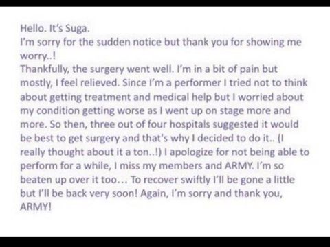 Surat Suga BTS usai jalani operasi bahu