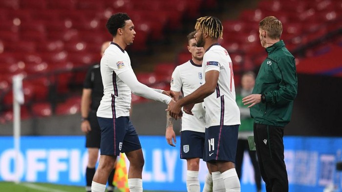 LONDON, ENGLAND - OCTOBER 11: Trent Alexander-Arnold of England is replaced by Reece James of England  during the UEFA Nations League group stage match between England and Belgium at Wembley Stadium on October 11, 2020 in London, England. Football Stadiums around Europe remain empty due to the Coronavirus Pandemic as Government social distancing laws prohibit fans inside venues resulting in fixtures being played behind closed doors. (Photo by Neil Hall - Pool/Getty Images)