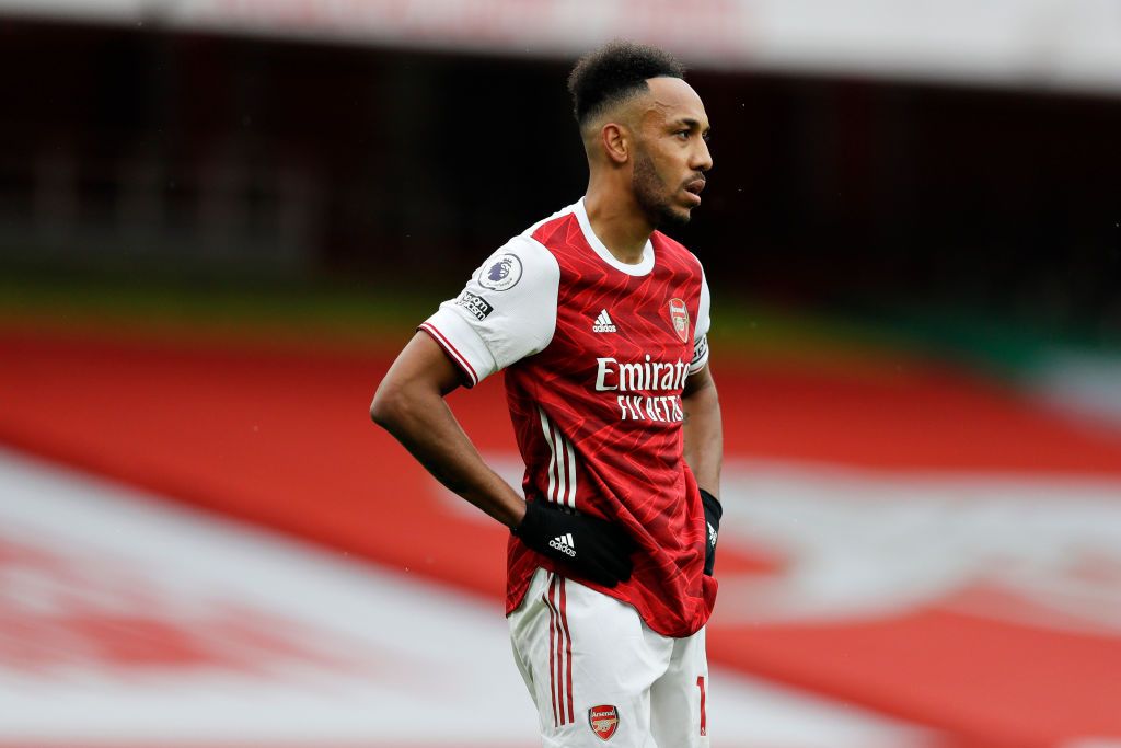 LONDON, ENGLAND - OCTOBER 04: Pierre-Emerick Aubameyang of Arsenal looks on during the Premier League match between Arsenal and Sheffield United at Emirates Stadium on October 04, 2020 in London, England. Sporting stadiums around the UK remain under strict restrictions due to the Coronavirus Pandemic as Government social distancing laws prohibit fans inside venues resulting in games being played behind closed doors. (Photo by Kirsty Wigglesworth - Pool/Getty Images)
