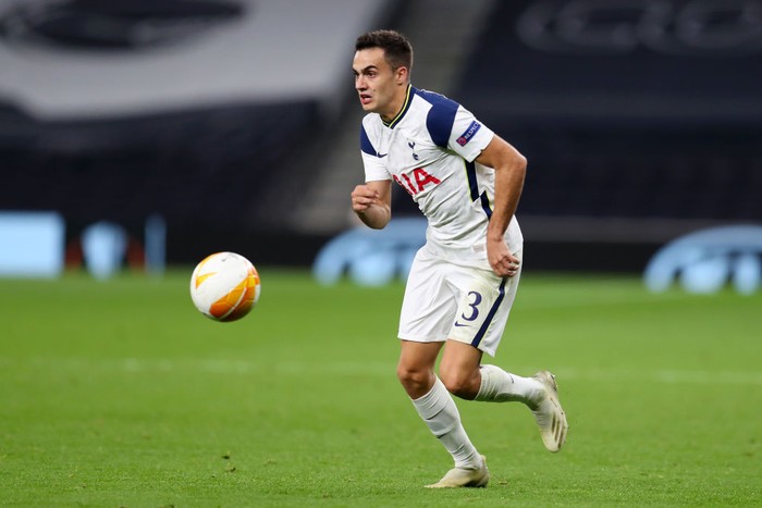 LONDON, ENGLAND - OCTOBER 22: Sergio Reguilon of Tottenham Hotspur  during the UEFA Europa League Group J stage match between Tottenham Hotspur and LASK at Tottenham Hotspur Stadium on October 22, 2020 in London, England. Sporting stadiums around the UK remain under strict restrictions due to the Coronavirus Pandemic as Government social distancing laws prohibit fans inside venues resulting in games being played behind closed doors. (Photo by Catherine Ivill/Getty Images)