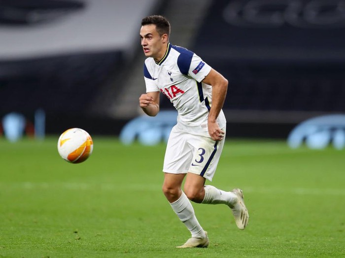 LONDON, ENGLAND - OCTOBER 22: Sergio Reguilon of Tottenham Hotspur  during the UEFA Europa League Group J stage match between Tottenham Hotspur and LASK at Tottenham Hotspur Stadium on October 22, 2020 in London, England. Sporting stadiums around the UK remain under strict restrictions due to the Coronavirus Pandemic as Government social distancing laws prohibit fans inside venues resulting in games being played behind closed doors. (Photo by Catherine Ivill/Getty Images)