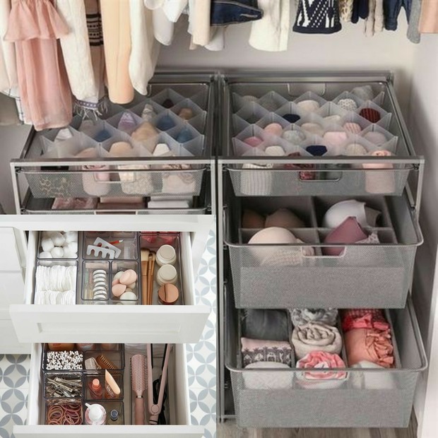 Mengatur tata letak isi lemari dan laci lebih mudah dengan bantuan kotak atau penyekat/Foto: Pinterest langkah-langkah decluttering