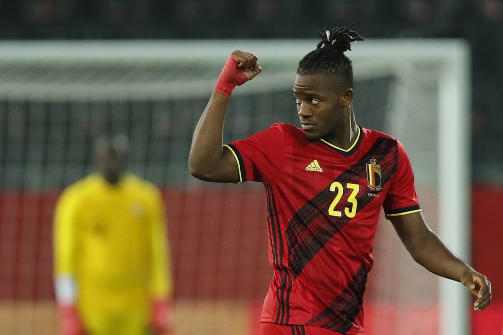 Belgium's Michy Batshuayi jubilates after scoring his sides first goal during an international friendly soccer match between Belgium and Switzerland at the King Power stadium in Leuven, Belgium, Wednesday, Nov. 11, 2020. (AP Photo/Francisco Seco)