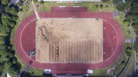 Penampakan dari atas arena atletik Jakabaring Sport City (JSC) yang tengah direnovasi di Palembang, Sumatera Selatan.