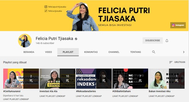 Belajar Investasi ala Millenials dengan nonton youtube Felicia Putri/Felicia Putri Tjiasaka/Youtube.com
