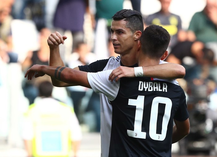 TURIN, ITALY - SEPTEMBER 28:  Cristiano Ronaldo of Juventus FC celebrates his goal with his team-mate Paulo Dybala #10 during the Serie A match between Juventus and SPAL at Allianz Stadium on September 29, 2019 in Turin, Italy.  (Photo by Marco Luzzani/Getty Images)