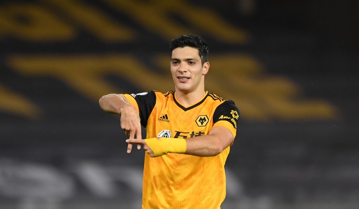 Raul Jimenez WOLVERHAMPTON, ENGLAND - OCTOBER 25: Raul Jimenez of Wolverhampton Wanderers celebrates after scoring his sides first goal during the Premier League match between Wolverhampton Wanderers and Newcastle United at Molineux on October 25, 2020 in Wolverhampton, England. Sporting stadiums around the UK remain under strict restrictions due to the Coronavirus Pandemic as Government social distancing laws prohibit fans inside venues resulting in games being played behind closed doors. (Photo by Stu Forster/Getty Images)