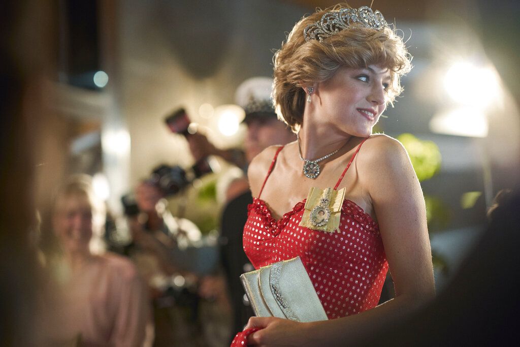 This combination photo shows Emma Corrin portraying Diana Spencer in the fourth season of the Netflix series 