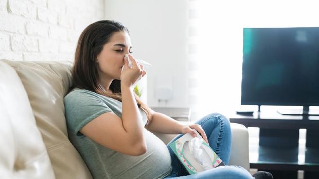 Pregnancy and illness. Sick pregnant woman blowing nose in tissue having fever sitting on sofa indoor