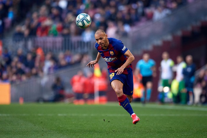 BARCELONA, SPAIN - FEBRUARY 22: Martin Braithwaite of FC Barcelona runs with the ball during the La Liga match between FC Barcelona and SD Eibar SAD at Camp Nou on February 22, 2020 in Barcelona, Spain. (Photo by Alex Caparros/Getty Images)