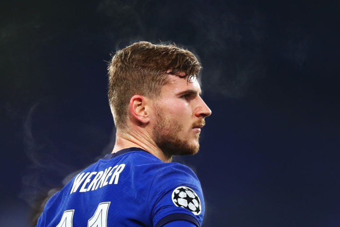 LONDON, ENGLAND - NOVEMBER 04: Timo Werner of Chelsea looks on during the UEFA Champions League Group E stage match between Chelsea FC and Stade Rennais at Stamford Bridge on November 04, 2020 in London, England. Sporting stadiums around the UK remain under strict restrictions due to the Coronavirus Pandemic as Government social distancing laws prohibit fans inside venues resulting in games being played behind closed doors.  (Photo by Clive Rose/Getty Images)