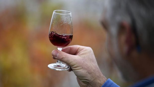 Winemaker Simon Day poses for a photograph with a glass of his 'English Nouveau', a type of Beaujolais wine, at Haygrove Evolution's Sixteen Ridges Winery in Ledbury, west of England, on November 12, 2020. - In times gone by, British wine merchants would race to secure Beaujolais nouveau for their stocks. But now the UKs first red primeur is being made in the ever-expanding vineyards in Herefordshire near the English border with Wales. 