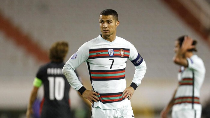 Portugals Cristiano Ronaldo reacts during the UEFA Nations League soccer match between Croatia and Portugal at the Poljud stadium in Split, Croatia, Tuesday, Nov. 17, 2020. (AP Photo/Darko Bandic)