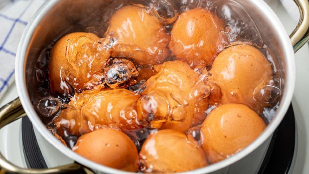 cooking brown chicken eggs in boiling water on electric stove, closeup, elevated view