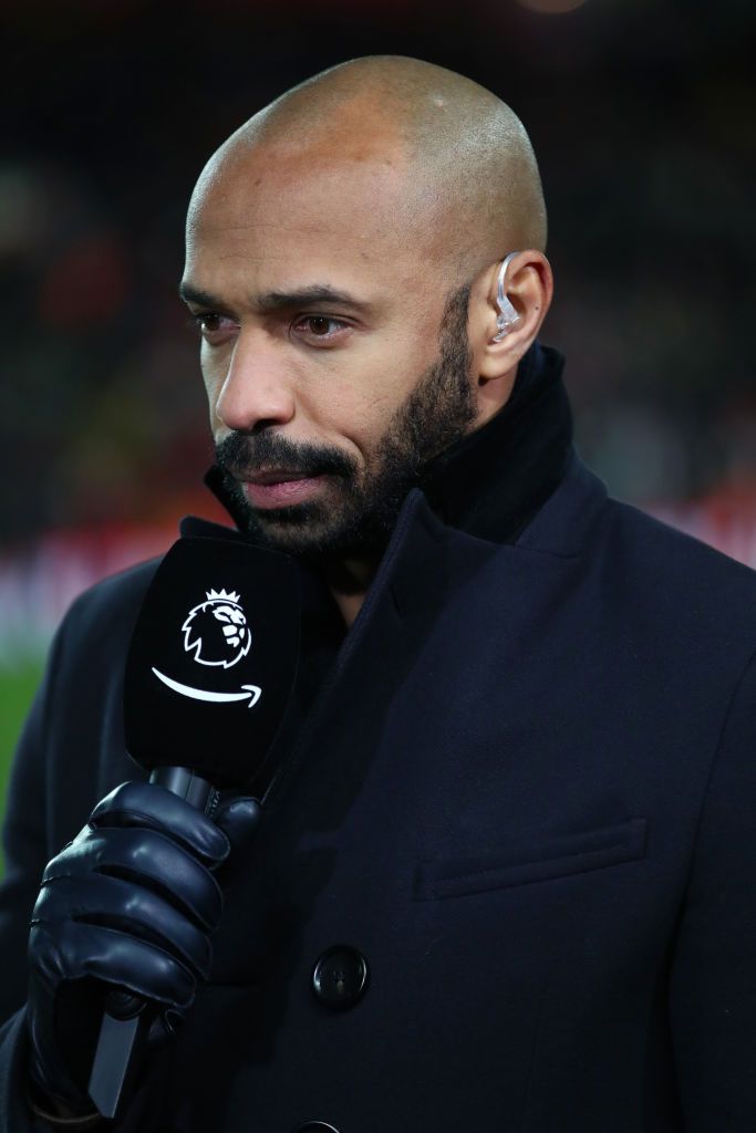 LIVERPOOL, ENGLAND - DECEMBER 04: Amazon Prime TV presenter Thierry Henry speak prior to the Premier League match between Liverpool FC and Everton FC at Anfield on December 04, 2019 in Liverpool, United Kingdom. (Photo by Clive Brunskill/Getty Images)