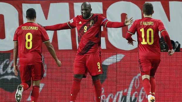 Belgium Denmark Nations League Socce Belgium's Romelu Lukaku celebrates after scoring his side's second goal during the UEFA Nations League soccer match between Belgium and Denmark at the King Power stadium in Leuven, Belgium, Wednesday, Nov. 18, 2020. (AP Photo/Francisco Seco)