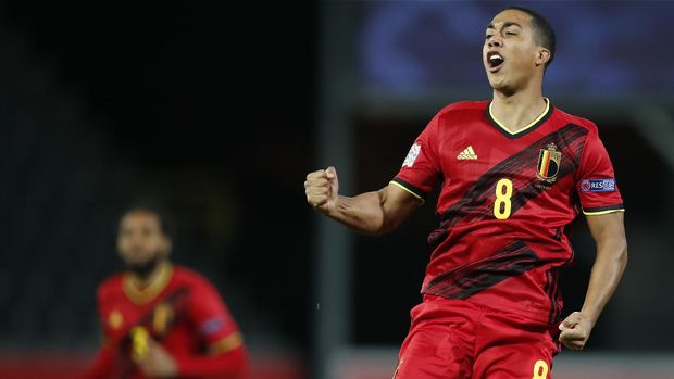 Belgium's Youri Tielemans celebrates after scoring the opening goal during the UEFA Nations League soccer match between Belgium and Denmark at the King Power stadium in Leuven, Belgium, Wednesday, Nov. 18, 2020. (AP Photo/Francisco Seco)