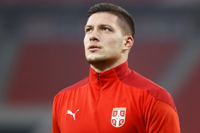 BUDAPEST, HUNGARY - NOVEMBER 15: Luka Jovic of Serbia looks on during his warm up prior to the UEFA Nations League group stage match between Hungary and Serbia at Puskas Arena on November 15, 2020 in Budapest, Hungary. Football Stadiums around Europe remain empty due to the Coronavirus Pandemic as Government social distancing laws prohibit fans inside venues resulting in fixtures being played behind closed doors. (Photo by Laszlo Szirtesi/Getty Images)