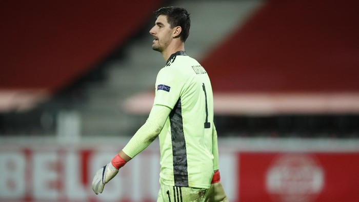 Belgium goalkeeper Thibaut Courtois during the UEFA Nations League soccer match between Belgium and Denmark at the King Power stadium in Leuven, Belgium, Wednesday, Nov. 18, 2020. (AP Photo/Francisco Seco)