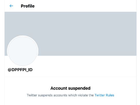 Tangkapan layar dari akun twitter @DPPFPI_ID yang disuspend oleh Twitter pada Jumat (20/11).