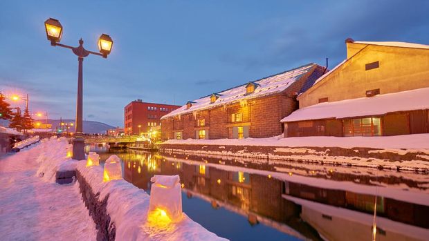 Beautiful landscape scenic of Otaru canal in sunset time on winter at Otaru city, Hokkaido, Japan.