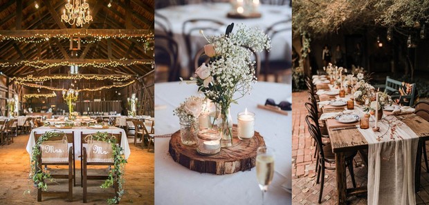 Lampu tali, renda, mason jars, bal jerami dan semua kayu merupakan perlengkapan yang berkontribusi pada suasana sederhana dan nyaman dari tema ini.