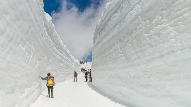 Tateyama, Japan - May 2, 2014: Unidentified tourists  visit at snow wall on Tateyama Kurobe Alpine Route,  Japanese Alps in Tateyama, Japan