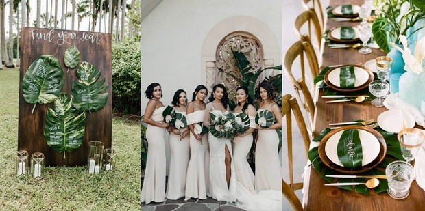 Kamu bisa manfaatkan daun palem dan nuansa merah muda untuk memiliki tema tropical wedding.