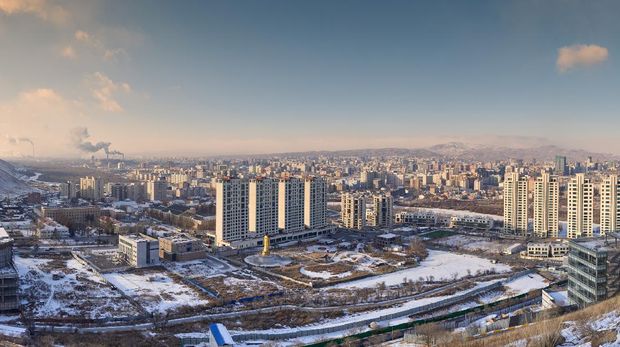 Panoramic view of Ulaanbaatar at sunset on a cold winter day. Ulaanbaatar. Mongolia.