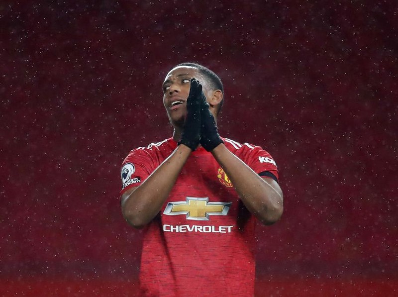 MANCHESTER, ENGLAND - NOVEMBER 21: Anthony Martial of Manchester United reacts during the Premier League match between Manchester United and West Bromwich Albion at Old Trafford on November 21, 2020 in Manchester, England. Sporting stadiums around the UK remain under strict restrictions due to the Coronavirus Pandemic as Government social distancing laws prohibit fans inside venues resulting in games being played behind closed doors. (Photo by Martin Rickett - Pool/Getty Images)