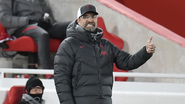 Liverpool's manager Jurgen Klopp gestures during the English Premier League soccer match between Liverpool and Leicester City at Anfield stadium in Liverpool, England, Sunday, Nov. 22, 2020. (Peter Powell/Pool via AP)