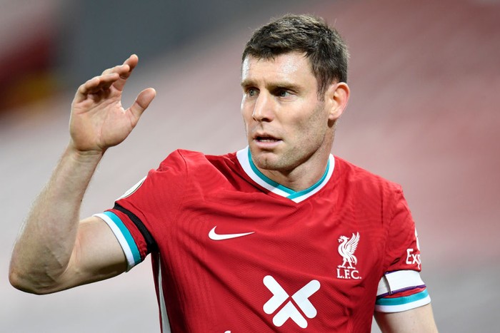LIVERPOOL, ENGLAND - NOVEMBER 22: James Milner of Liverpool looks on during the Premier League match between Liverpool and Leicester City at Anfield on November 22, 2020 in Liverpool, England. Sporting stadiums around the UK remain under strict restrictions due to the Coronavirus Pandemic as Government social distancing laws prohibit fans inside venues resulting in games being played behind closed doors. (Photo by Peter Powell - Pool/Getty Images)