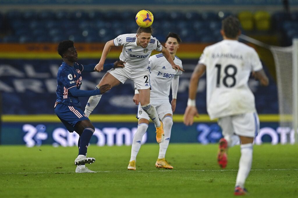 Leeds United's Luke Ayling heads the ball during an English Premier League soccer match between Leeds United and Arsenal at Elland Road Stadium in Leeds, England, Sunday Nov. 22, 2020. (Paul Ellis/Pool Via AP)