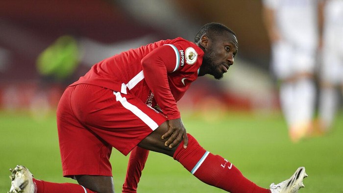 Liverpools Naby Keita sits during the English Premier League soccer match between Liverpool and Leicester City at Anfield stadium in Liverpool, England, Sunday, Nov. 22, 2020. (Peter Powell/Pool via AP)