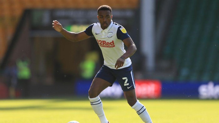 NORWICH, ENGLAND - SEPTEMBER 19: Darnell Fisher of Preston North End during the Sky Bet Championship match between Norwich City and Preston North End at Carrow Road on September 19, 2020 in Norwich, England. Norwich City Football Club are allowing limited number of spectators (1000) to be in attendance as Covid-19 pandemic restrictions are eased. (Photo by Stephen Pond/Getty Images)