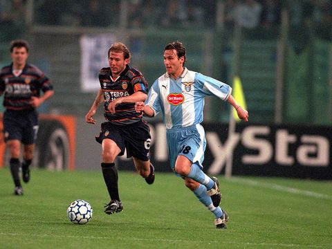18 Apr 2000:  Pavel Nedved (R) of Lazio and Gaizka Mendieta (L) of Valencia clash during the UEFA Champions League quarter-final second leg at the Stadio Olympico in Rome, Italy.  Lazio won the match 1-0.  Mandatory Credit: Alex Livesey /Allsport