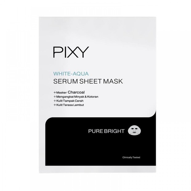 Pixy White Aqua Serum Sheet Mask Pure Bright/shoope.co.id Pixy White Aqua Serum Sheet Mask Pure Bright terbuat dari charcoal alami yang efektif mengangkat minyak berlebih /shoope.co.id