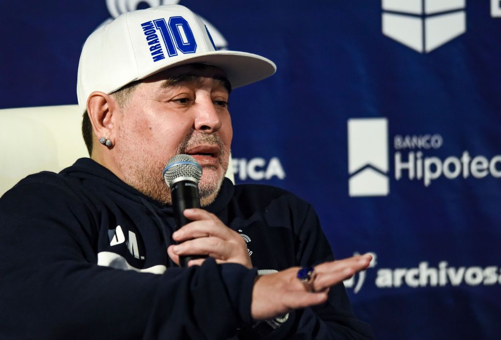 LA PLATA, ARGENTINA - FEBRUARY 29: Diego Armando Maradona head coach of Gimnasia y Esgrima La Plata gestures to supporters during a match between Gimnasia y Esgrima La Plata and Atletico Tucuman as part of Superliga 2019/20 at Estadio Juan Carlos Zerillo on February 29, 2020 in La Plata, Argentina. (Photo by Marcos Brindicci/Getty Images)