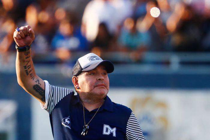 Diego Maradona LA PLATA, ARGENTINA - FEBRUARY 29: Diego Armando Maradona head coach of Gimnasia y Esgrima La Plata gestures to supporters during a match between Gimnasia y Esgrima La Plata and Atletico Tucuman as part of Superliga 2019/20 at Estadio Juan Carlos Zerillo on February 29, 2020 in La Plata, Argentina. (Photo by Marcos Brindicci/Getty Images)