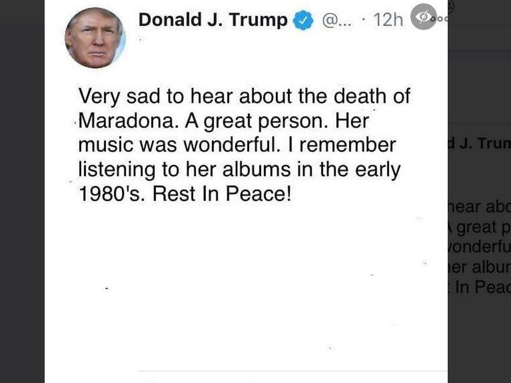 Trump Salah Tweet Maradona Meninggal Jadi Madonna, Ini Faktanya Trump Salah Tweet Maradona Meninggal Jadi Madonna, Ini Faktanya