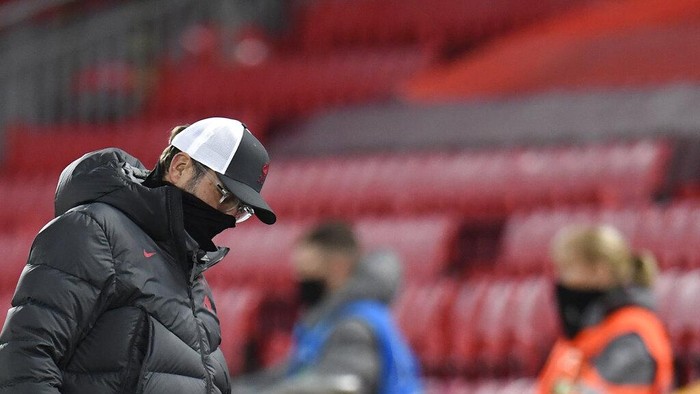Liverpools manager Jurgen Klopp reacts during the Champions League group D soccer match between Liverpool and Atalanta at Anfield stadium in Liverpool, England, Wednesday, Nov. 25, 2020. (Peter Powell/Pool via AP)