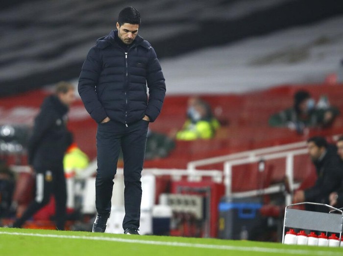 Arsenals manager Mikel Arteta reacts following the English Premier League soccer match between Arsenal and Wolverhampton Wanderers at Emirates Stadium, London, Sunday, Nov. 29, 2020. (Julian Finney/Pool via AP)