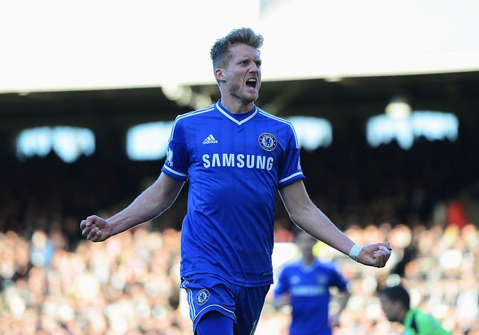 Andre Schurrle LONDON, ENGLAND - MARCH 01: Andre Schurrle of Chelsea celebrates as he scores their first goal during the Barclays Premier League match between Fulham and Chelsea at Craven Cottage on March 1, 2014 in London, England. (Photo by Jamie McDonald/Getty Images)