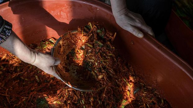 In photo taken on November 29, 2020 a spicy sauce used to make kimchi is prepared during a traditional process known as 'kimjang', at the home of Lee Young-ja in the eastern port city of Donghae. - Originally a means of preserving the vegetable during winter, kimchi is emblematic of Korean cuisine and accompanies almost every meal served in the country, whatever its culinary origins, with kimchi-making still an important annual ritual for many families. (Photo by Ed JONES / AFP)