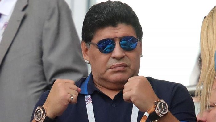 KAZAN, RUSSIA - JUNE 30:  Diego Armando Maradona reacts prior to the 2018 FIFA World Cup Russia Round of 16 match between France and Argentina at Kazan Arena on June 30, 2018 in Kazan, Russia.  (Photo by Alexander Hassenstein/Getty Images)