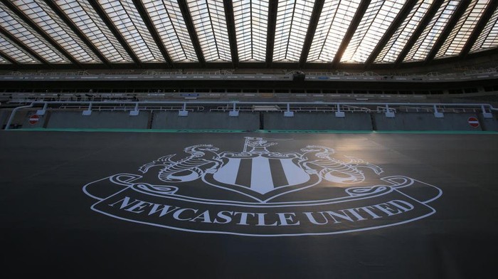Newcastle United NEWCASTLE UPON TYNE, ENGLAND - JUNE 24: A view of the Newcastle United logo is seen in the stands prior to the Premier League match between Newcastle United and Aston Villa at St. James Park on June 24, 2020 in Newcastle upon Tyne, United Kingdom. (Photo by Lindsey Parnaby/Pool via Getty Images)