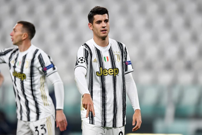 TURIN, ITALY - DECEMBER 02: Alvaro Morata of Juventus celebrates after scoring their sides third goal  during the UEFA Champions League Group G stage match between Juventus and Dynamo Kyiv at Allianz Stadium on December 02, 2020 in Turin, Italy. Sporting stadiums around Italy remain under strict restrictions due to the Coronavirus Pandemic as Government social distancing laws prohibit fans inside venues resulting in games being played behind closed doors. (Photo by Valerio Pennicino/Getty Images)